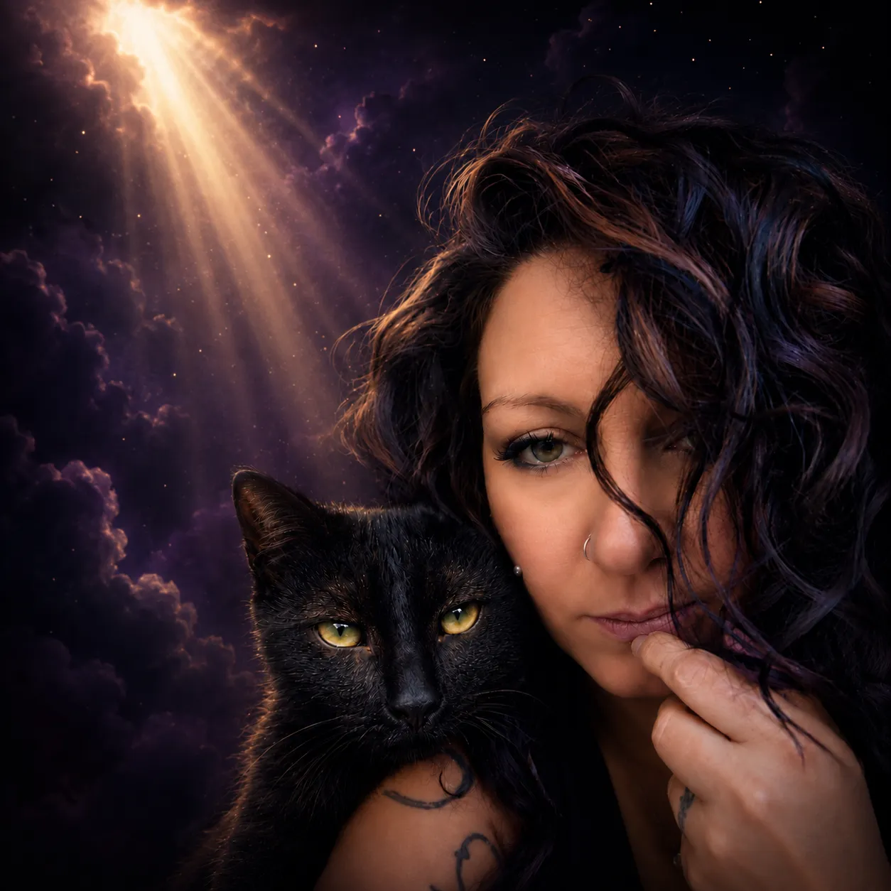 Kristin, founder of Kristin Connections, with her black cat, set against a starry nebula with a beam of golden light