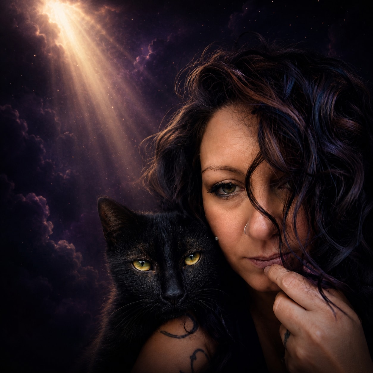 Kristin, founder of Connections by Kristin, with her black cat, set against a starry nebula with a beam of golden light